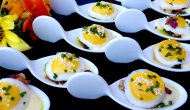 Quail Egg Benedict with Bacon Hollandaise and Rice Pearls
