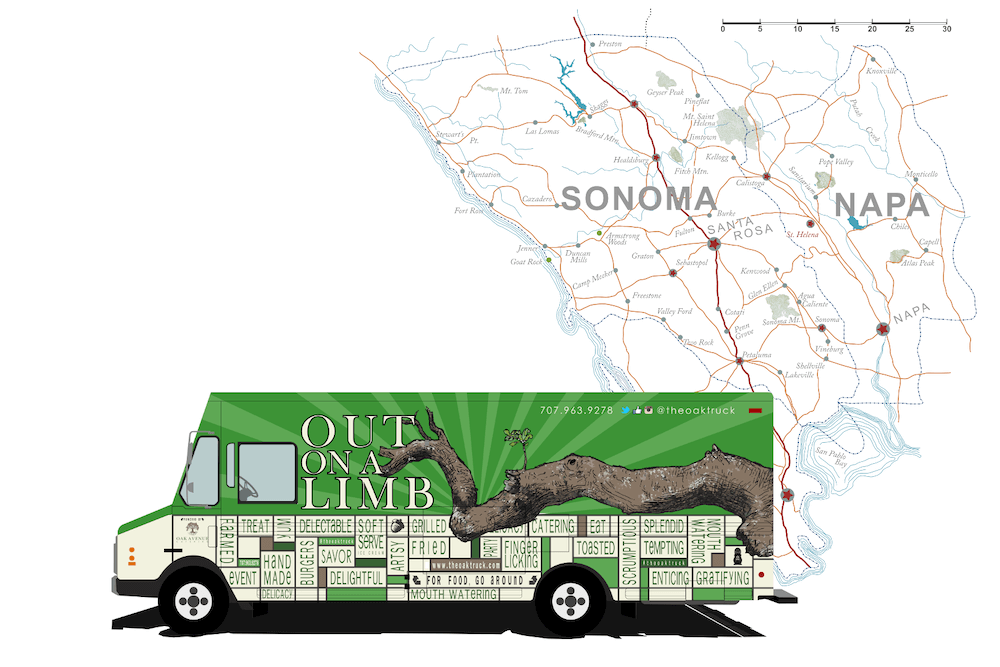 Design of out on a limb food truck with map of sonoma and napa behind it